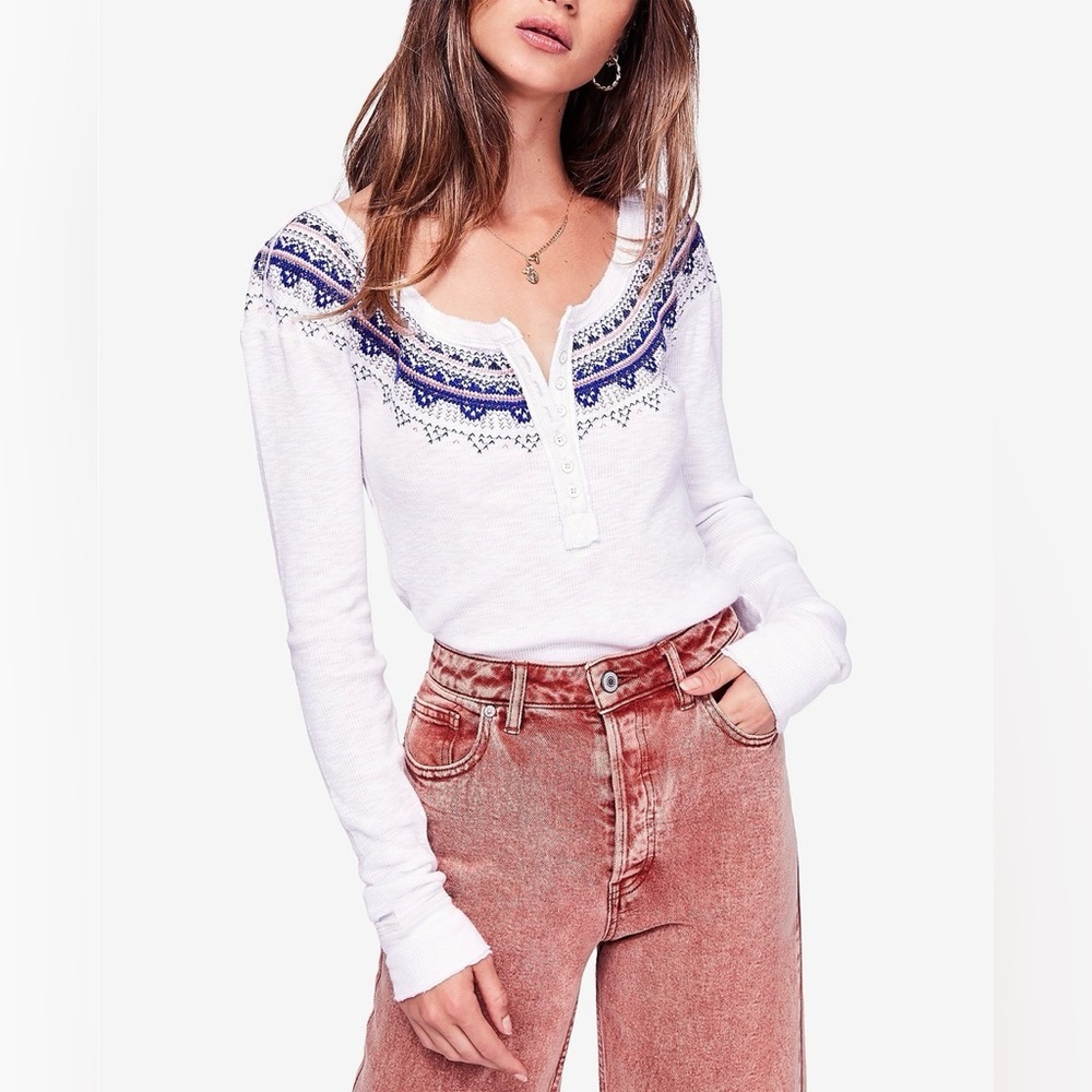 Free People Embroidered White and Blue Women's Top, Size L